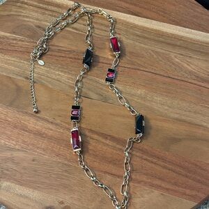 Chico's Elegant Gold Necklace with Red and Black Stones